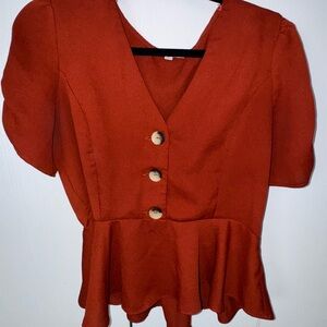 Chic Rust Button-Down Peplum Blouse